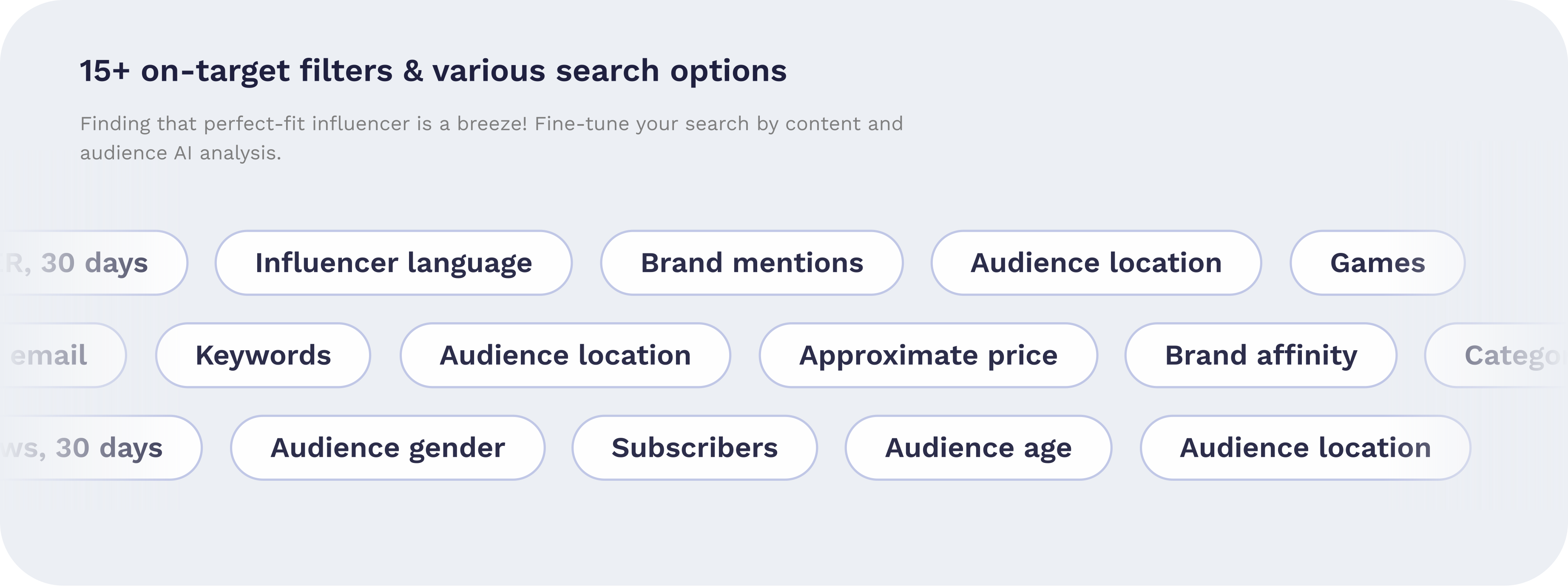 Influencer marketing filters and various search options
