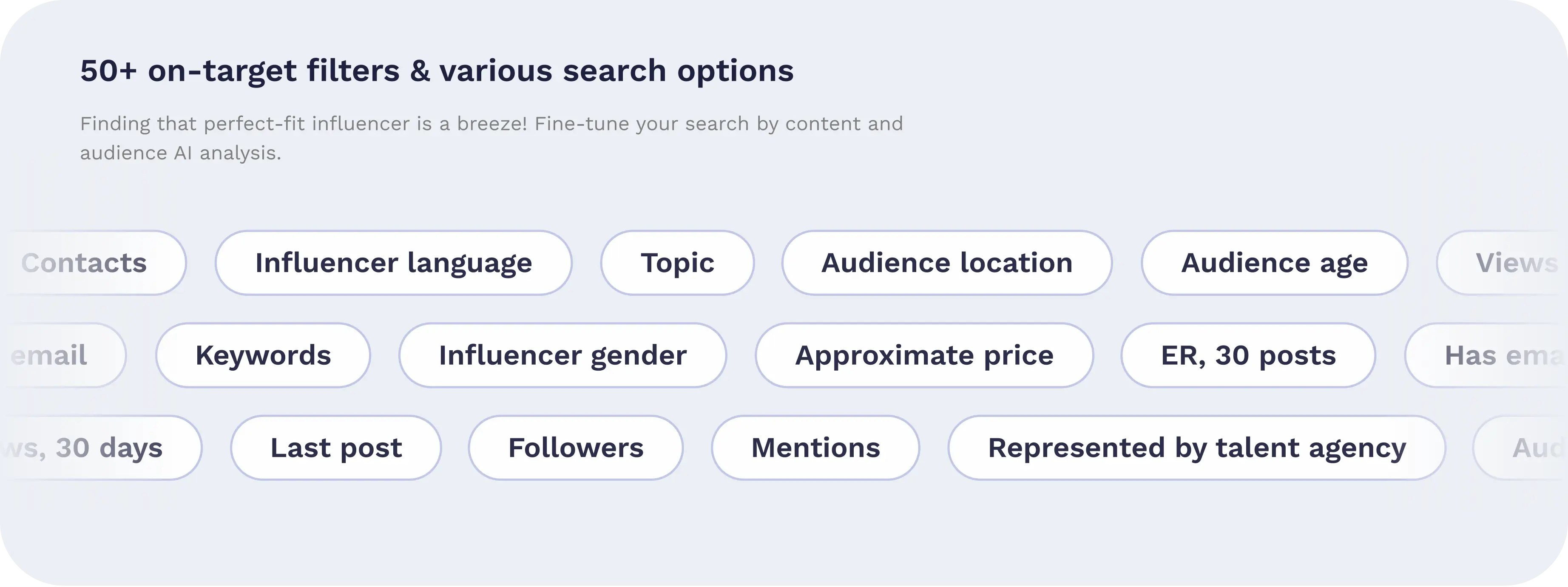 Influencer marketing filters and various search options